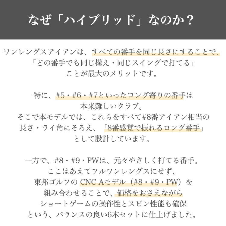 東邦ゴルフ ハイブリッド ワンレングスアイアン 6本セット ワンレングス 5番 6番 7番 ＋ CNC A 8番 9番 PW ( ピッチングウェッジ )